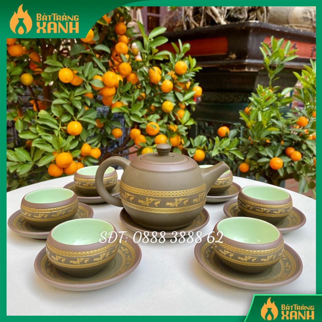 Bộ Ấm Chén Uống Trà, Bộ Ấm Chén Bát Tràng - Tử Sa Lạc Việt Xanh, Bộ Ấm Trà Trống Đồng Xanh