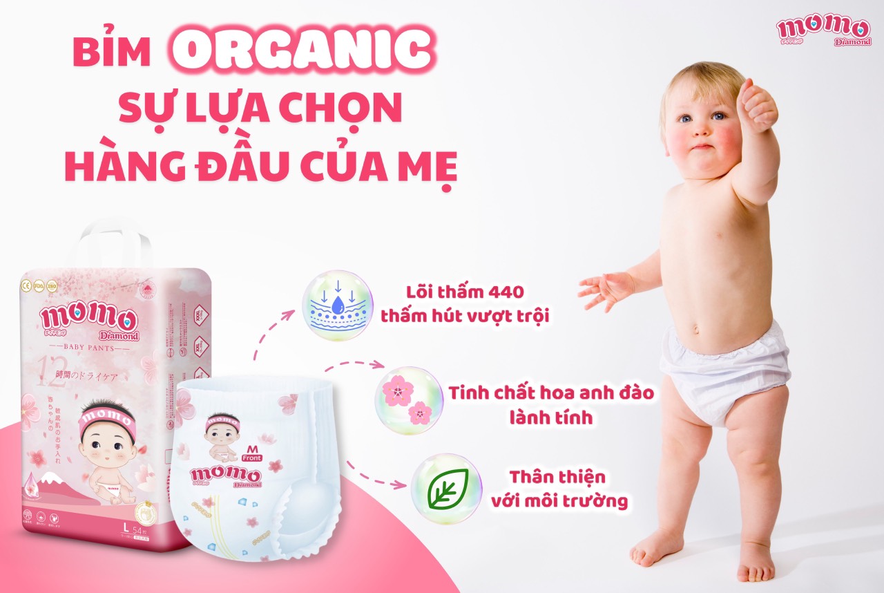 ( 2 bịch tặng quà ) Bỉm tã dán/quần MOMO DIAMOND ORGANIC S64/ M60/L54/XL50/XXL48/XXXL46 tinh chất hoa anh đào