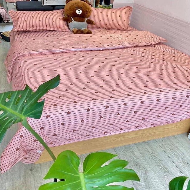 Bộ Ga Gối Cotton Poly 3 Món Mẫu KẺ TIM HỒNG