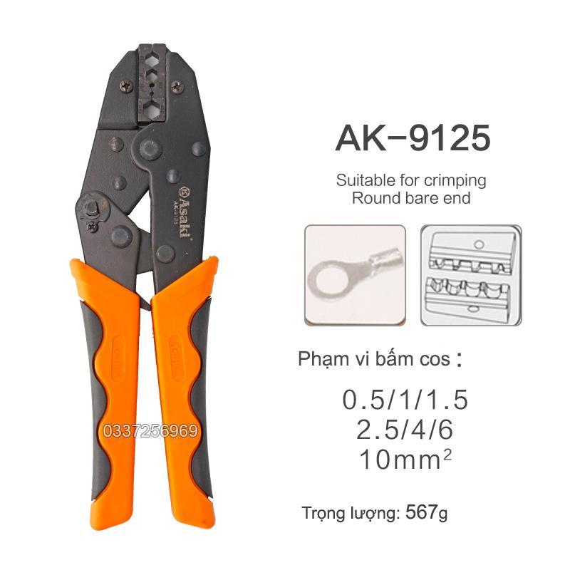 Kìm bấm cos nối cáp đồng trục Asaki AK-9125 0.5 ~ 10mm2 - Kềm bấm cos nối cáp đồng trục - Kìm bấm đầu cosse Asaki (Kìm bấm đầu cote Asaki)