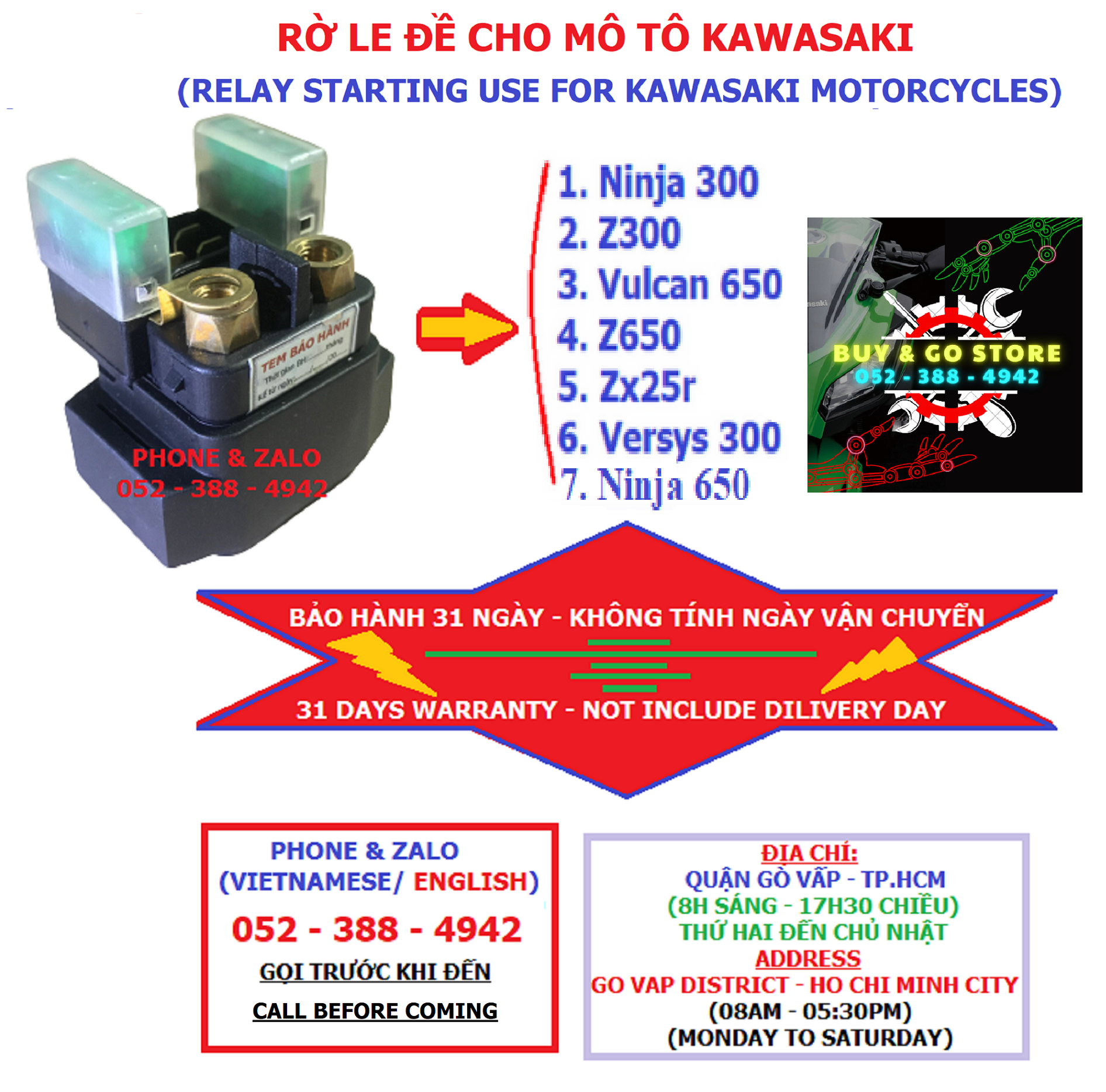 Rờ le đề kawasaki - Relay starting use for kawasaki. (Ninja/Z300, Zx25r, Vulcan/Z650 halogen, Versy300)