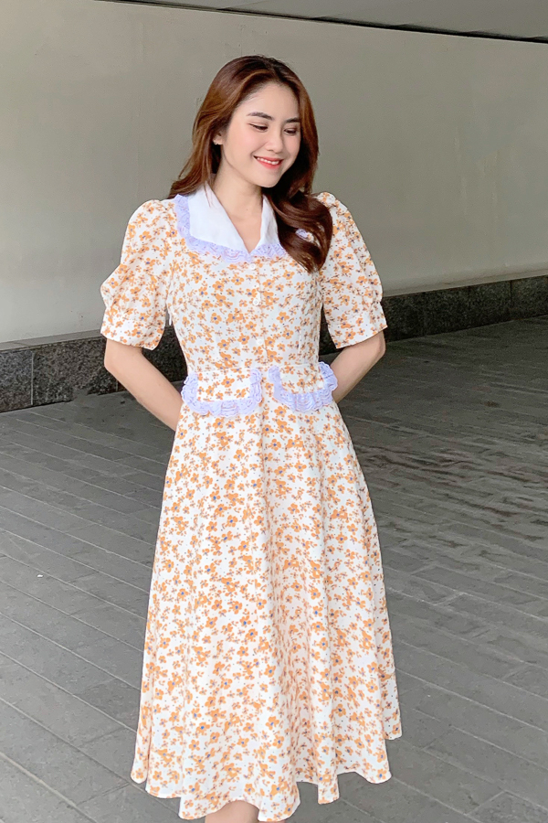 Đầm Maybi gài nút xòe lụa cổ đan-tông phối ren