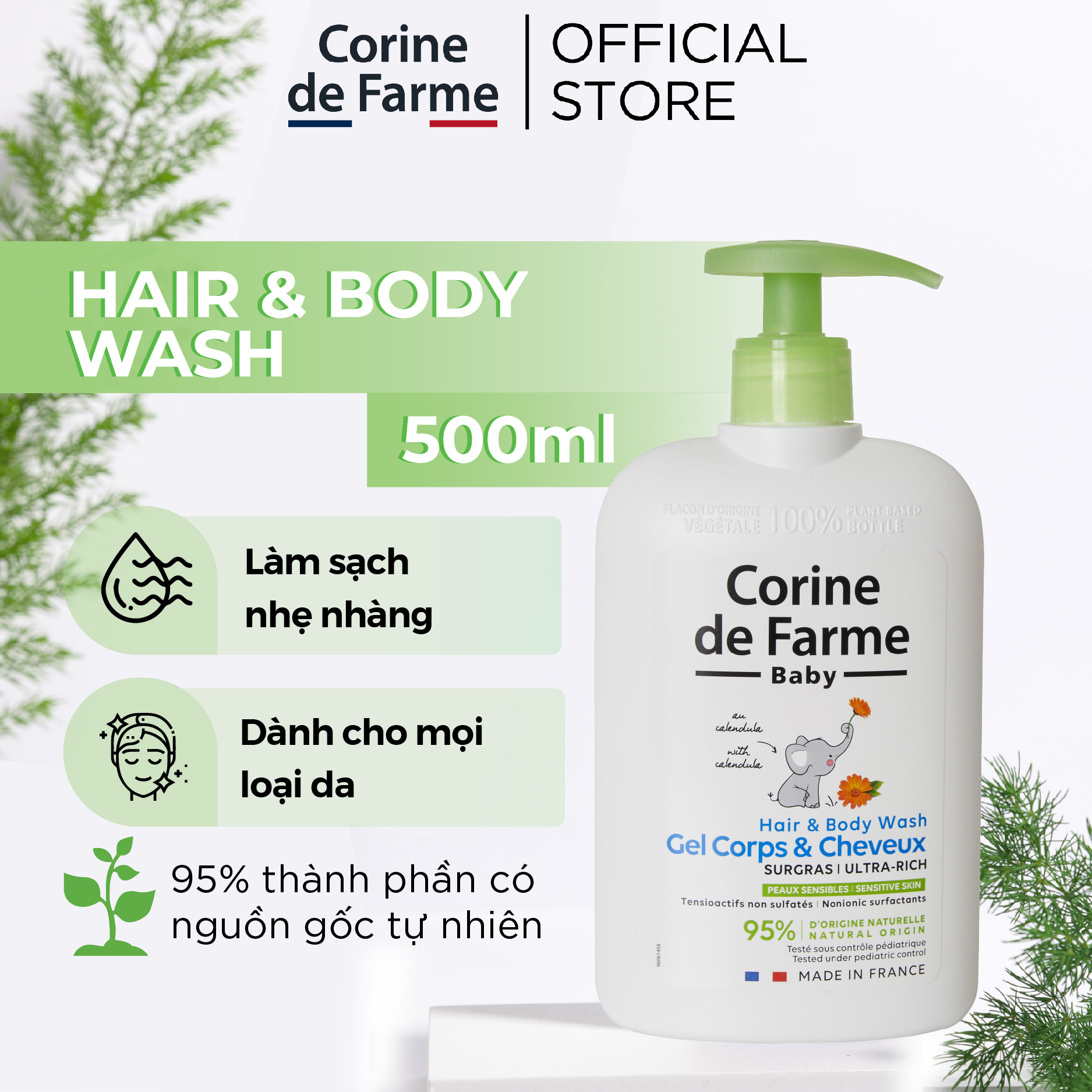 Sữa tắm cho bé gội Corine De Farme Baby Hair & Body Wash cho mọi loại da