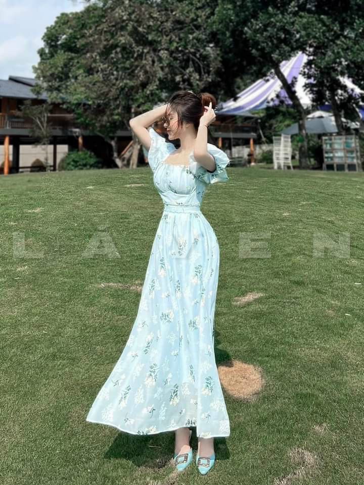 Đầm dự tiệc nữ dáng dài. cổ vuông, tay phông ( có mút & có lót)