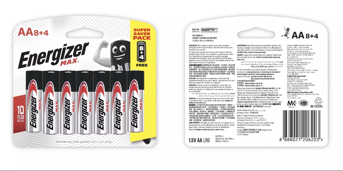 Pin Energizer Alkaline Max AA E91 8+4