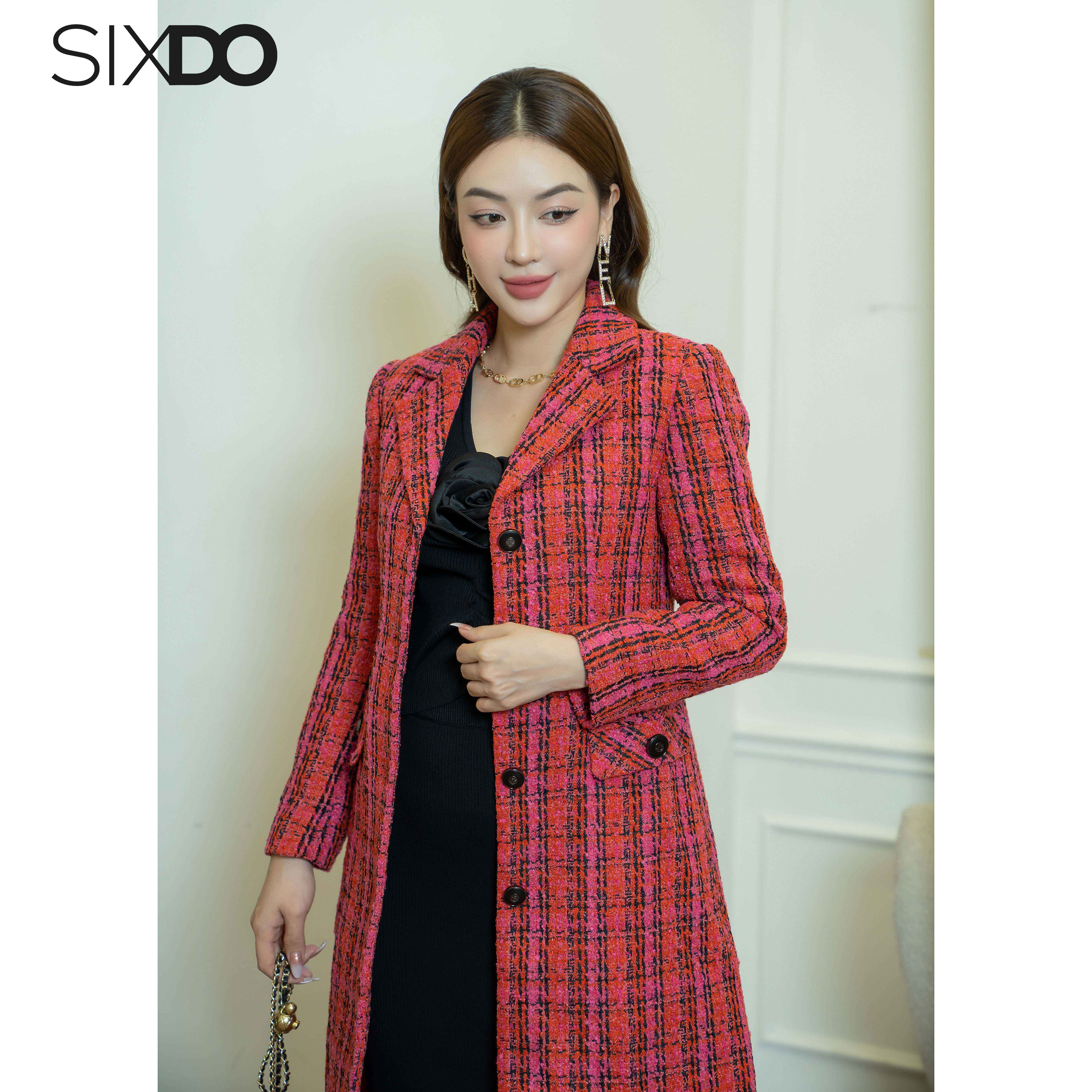 Áo khoác nữ dạ tweed dáng dài SIXDO (Dark Red Check Long Tweed Coat)
