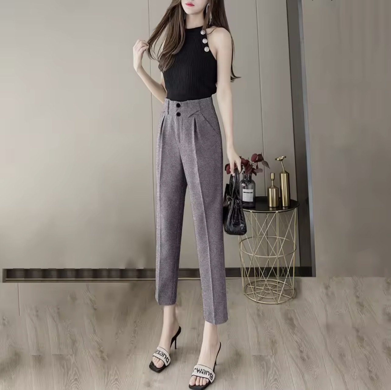 Quần tây baggy nữ lưng cao ống đứng 2 nút cạp cách điệu cực HOT cực sành điệu thanh lịch