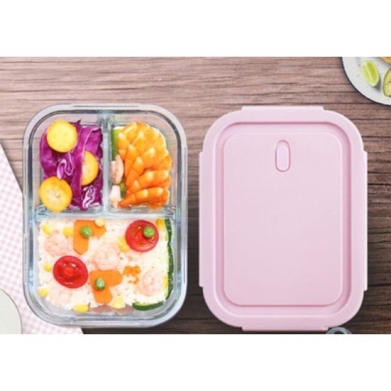 Khay cơm thủy tinh 3 ngăn  cách nhiệt tốt, Hộp đựng cơm cao cấp Dài 20cm Rộng 15cm Cao 7cm