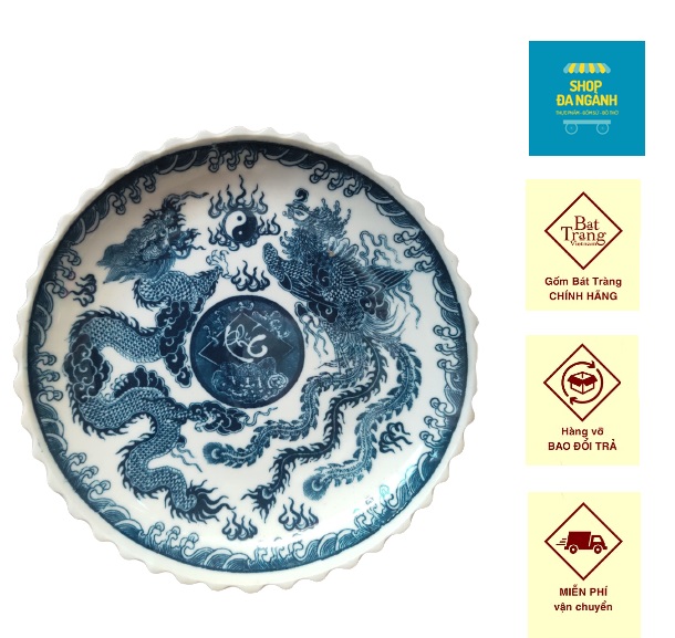 Gốm sứ bát tràng - đĩa sứ tròn men lam vẽ long phụng d20