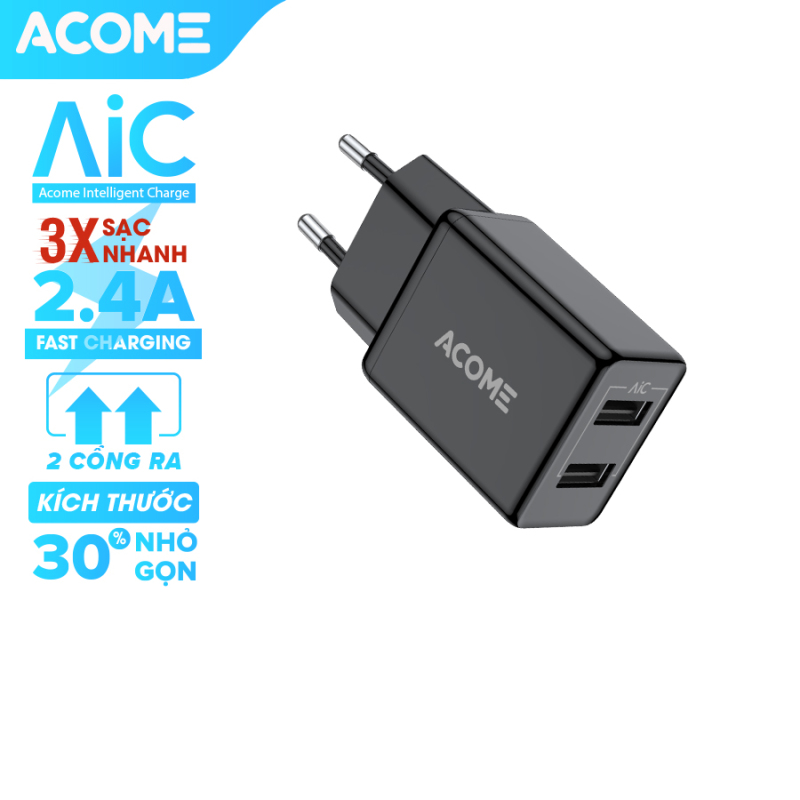 [Bảo Hành 12 Tháng] ACOME AC03 Củ sạc 2 cổng USB sạc nhanh 2.4A tương thích với nhiều dòng điện thoại Android IOS tuổi thọ lâu an toàn khi sạc  - Hàng Chính Hãng