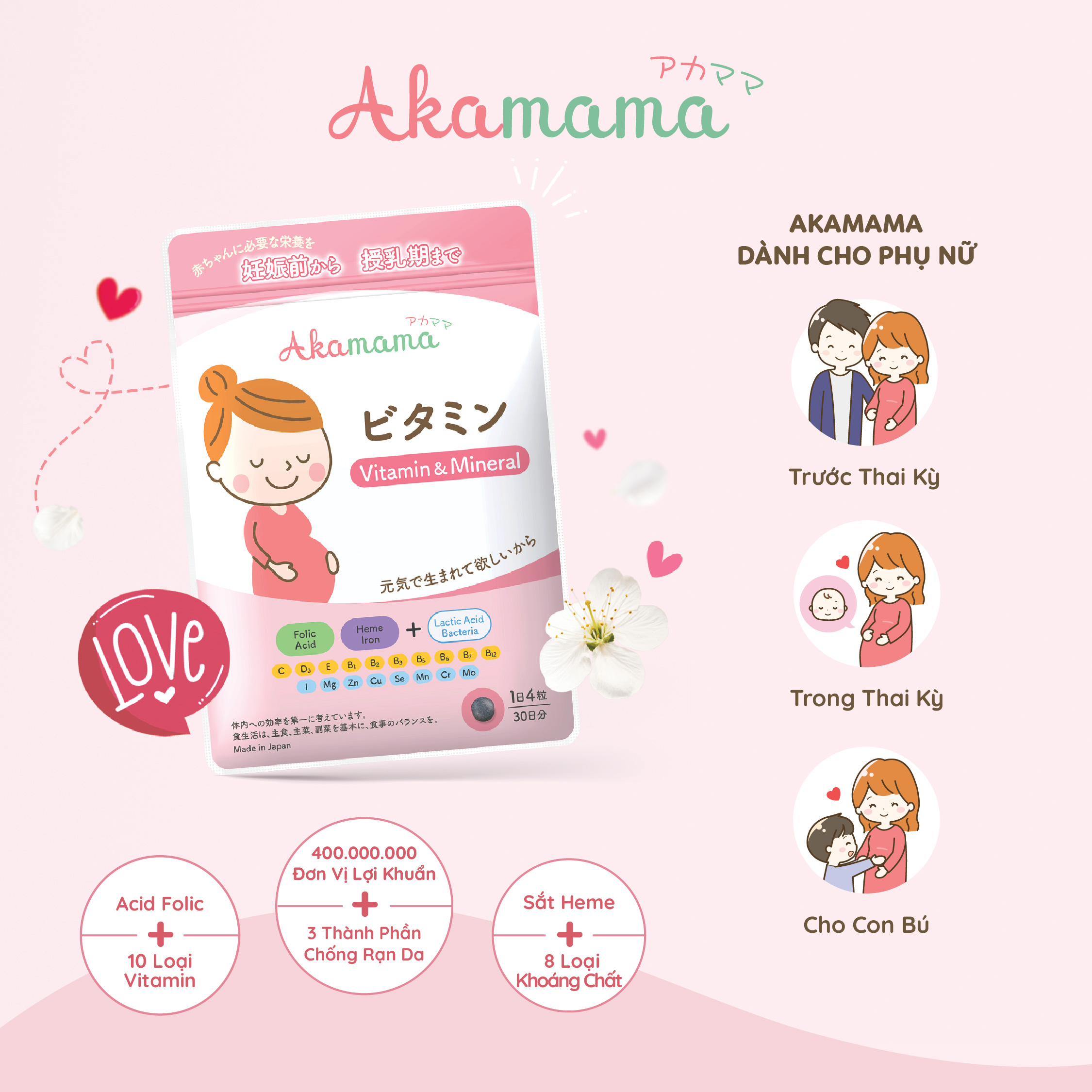 [QUÀ TẶNG 150K] COMBO 2 Sắt & Vitamin + 1 DHA cho bà bầu Akamama, Nhật Bản