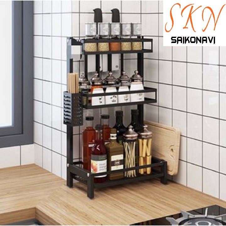 Kệ Gia Vị Thép Đen Đa Năng 3 Tầng Có Ống Cắm Đũa Và Giá Để Thớt - Kệ Đựng Gia Vị, Kệ Gia Vị Nhà Bếp Inox Đa Năng Tiện Gọn Chất Liệu Cao Cấp Chống Han Gỉ