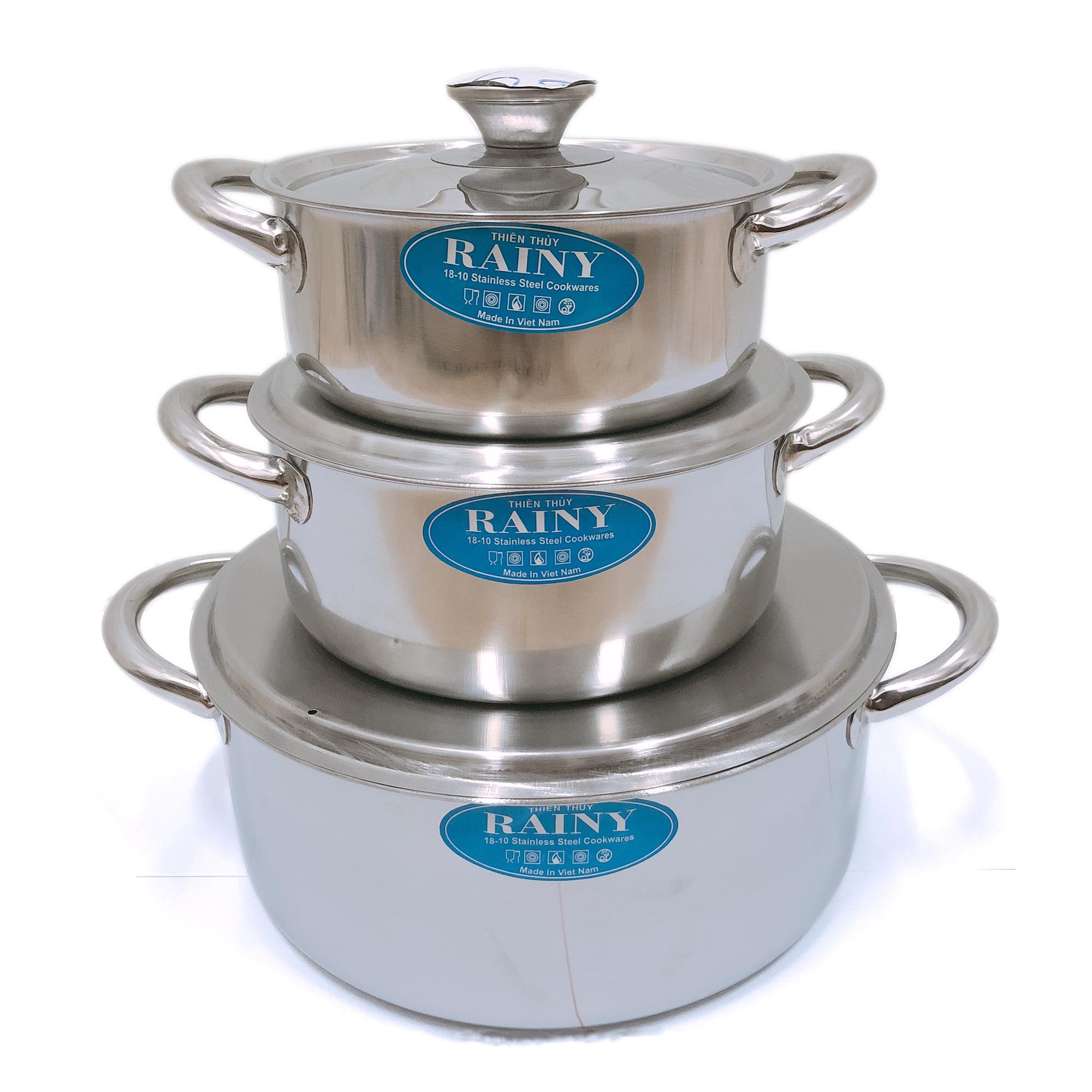   DÙNG CHO CÁC LOẠI BẾP  Bộ 3 Nồi Inox 430 Cao Cấp Thương Hiệu Rainy Không Kén Bếp đa năng tiện lợi Bộ Nồi Inox giá rẻ Bộ nồi Inox mini Sử Dụng Cho Nhiều Bếp từ bếp ga bếp hồng ngoai. 