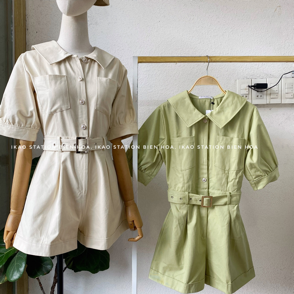 Đầm jump jean tay ngắn ikao váy jump jean denim kèm dây eo dễ thương phong cách hàn quốc