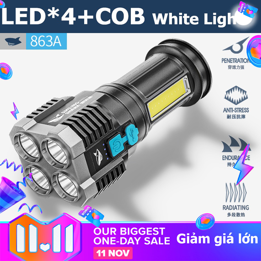 Đèn pin siêu sáng - đèn pin sạc - ánh sáng mạnh đèn pin có thể sạc lại 4 led đèn pin cob đèn pin không thấm nước 4modes để cắm trại làm việc khẩn cấp roav anker