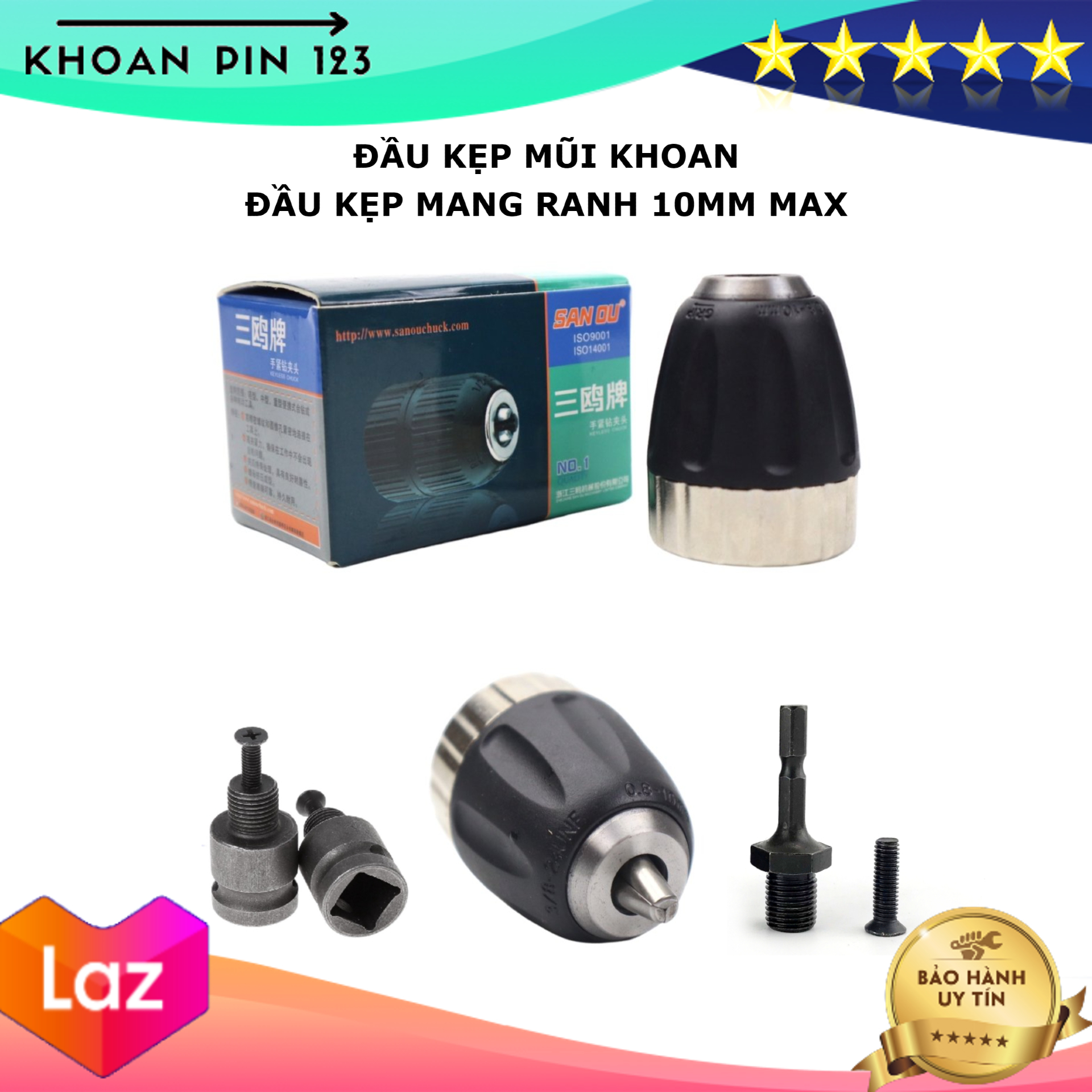 Đầu kẹp mũi khoan, đầu cặp mang ranh 10mm loại xịn kèm đầu nối cho máy khoan, máy siết bulong