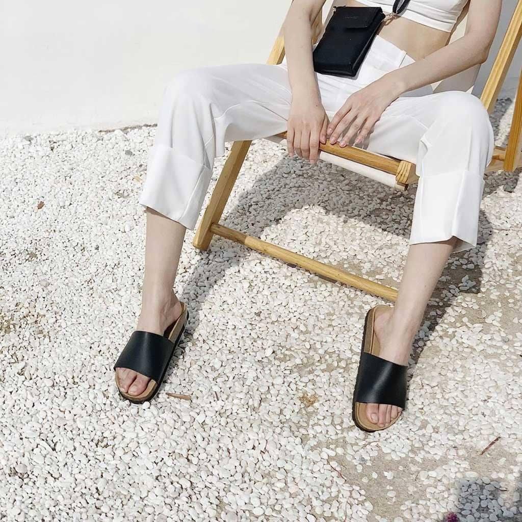 Dép đế trấu unisex 1 quai da pu đen