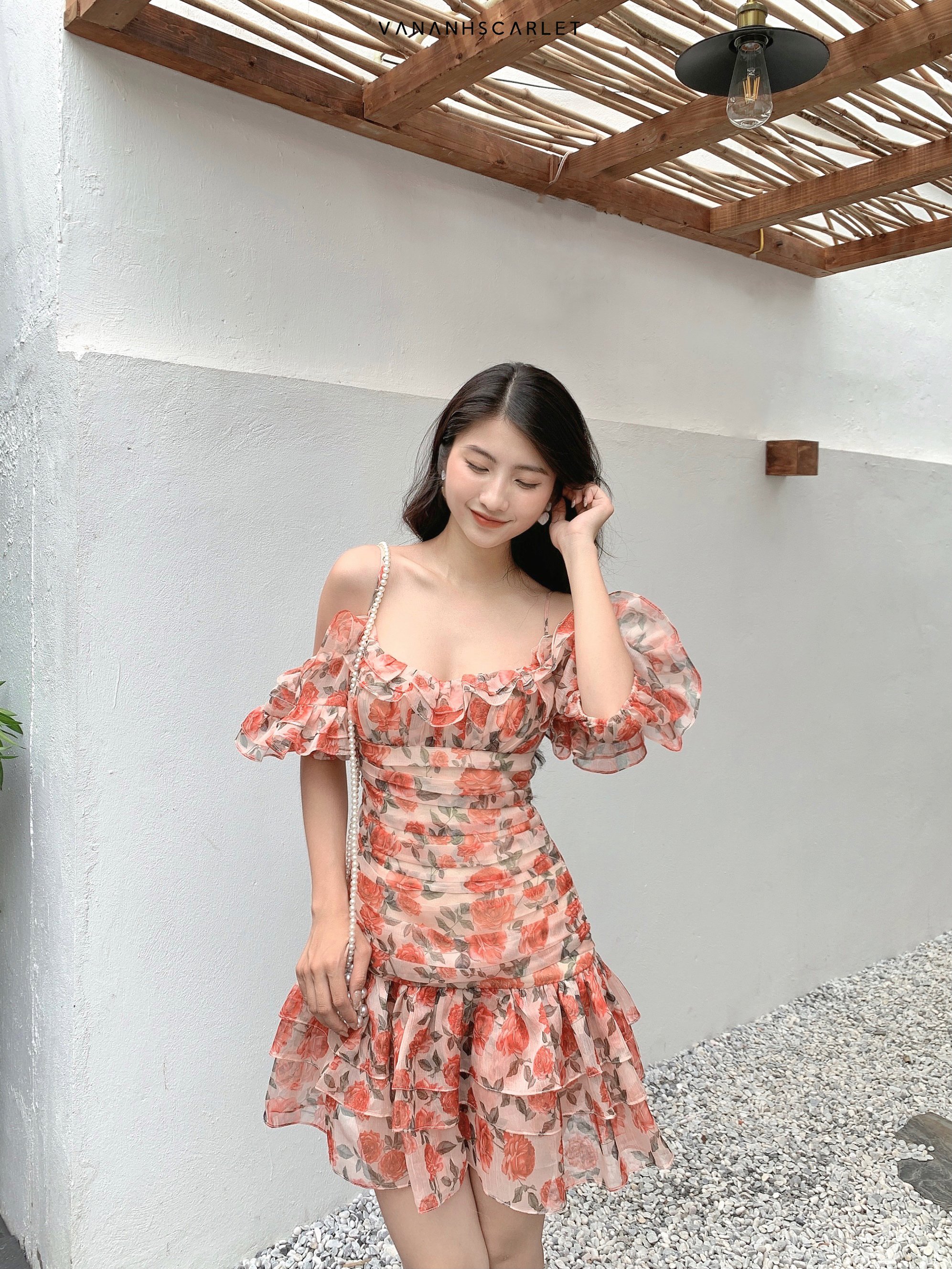 Váy nữ VANANHSCARLET voan hoa bèo tầng