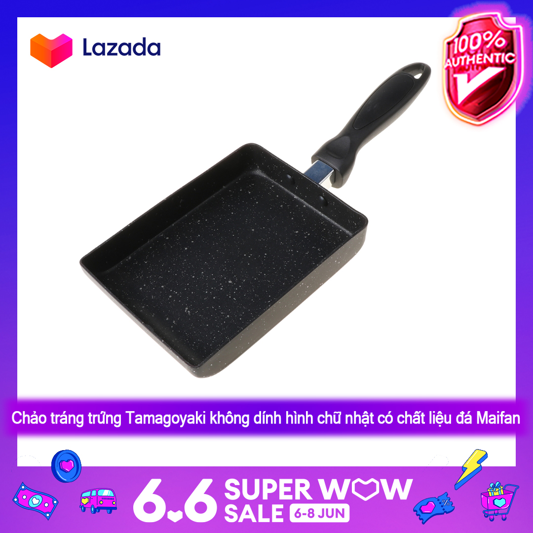 Chảo tráng trứng Tamagoyaki không dính hình chữ nhật có chất liệu đá Maifan, tích hợp tay cầm chống bỏng, dùng được với bếp gas và bếp điện - INTL