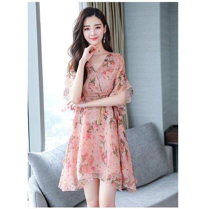 [HCM]Đầm Đính Hoa Thắt Dây Eo Thanh Lịch