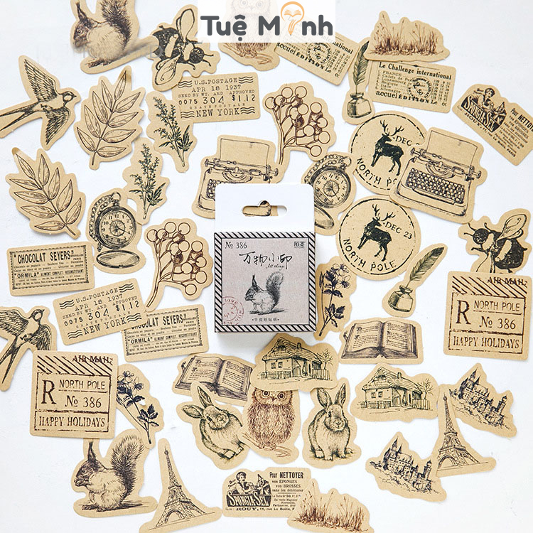 Hộp 45-50 sticker tùy chọn dễ thương, vintage cổ điển hình tem, trà sữa, lá cây Tuệ Minh