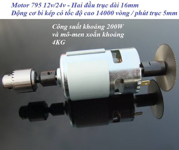 Motor 795 2 bạc đạn 2 trục dài 200W 12V - 24V