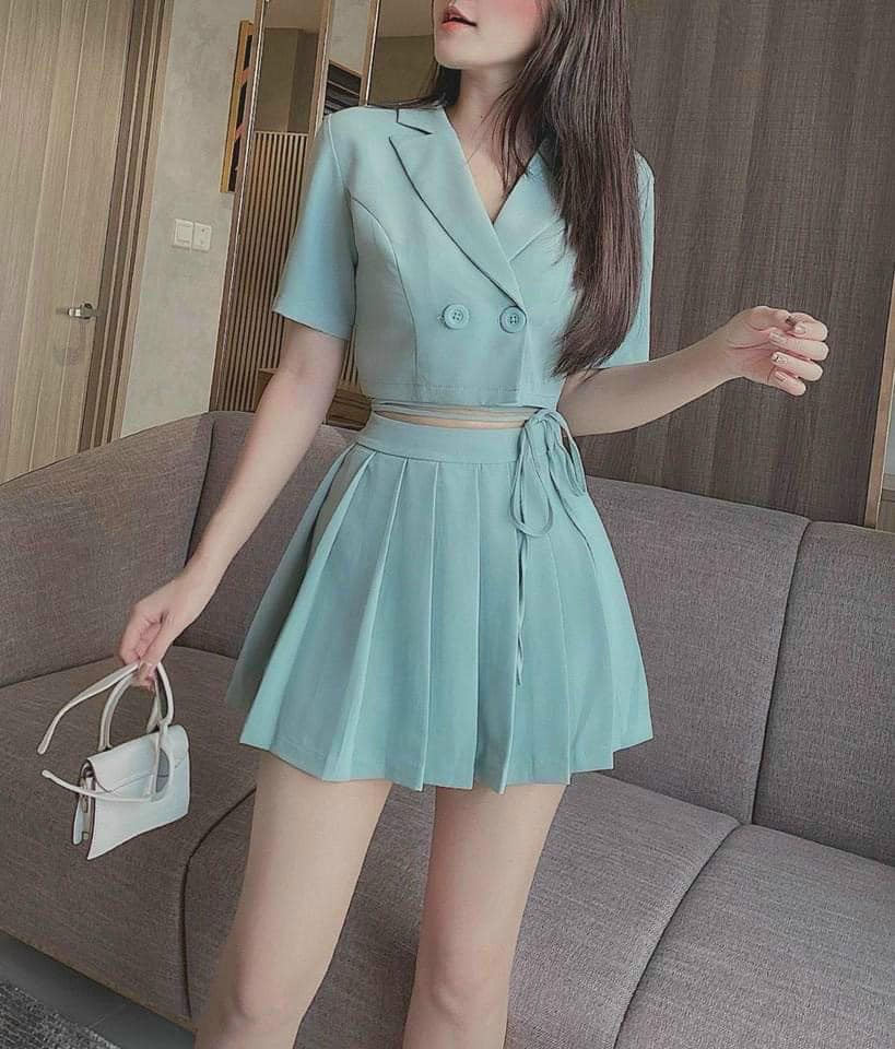 Sét tuyết mưa áo vét dây chéo eo chân váy dập ly