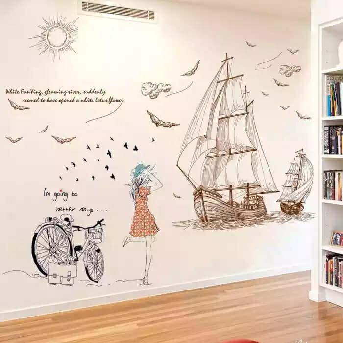 Decal dán tường thuyền buồm nâu và cô gái xe đạp