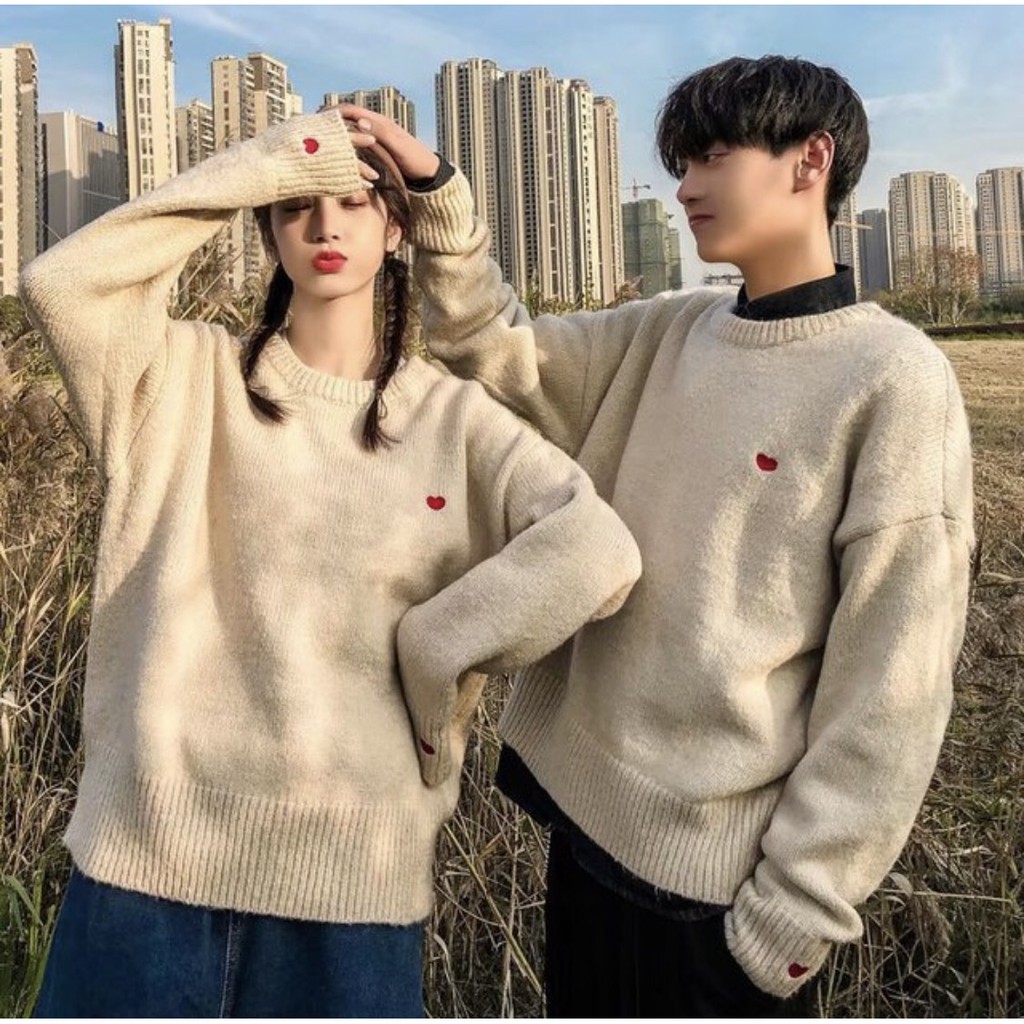 Áo Len Đôi Phối Tim Đỏ áo len couple nam nữ