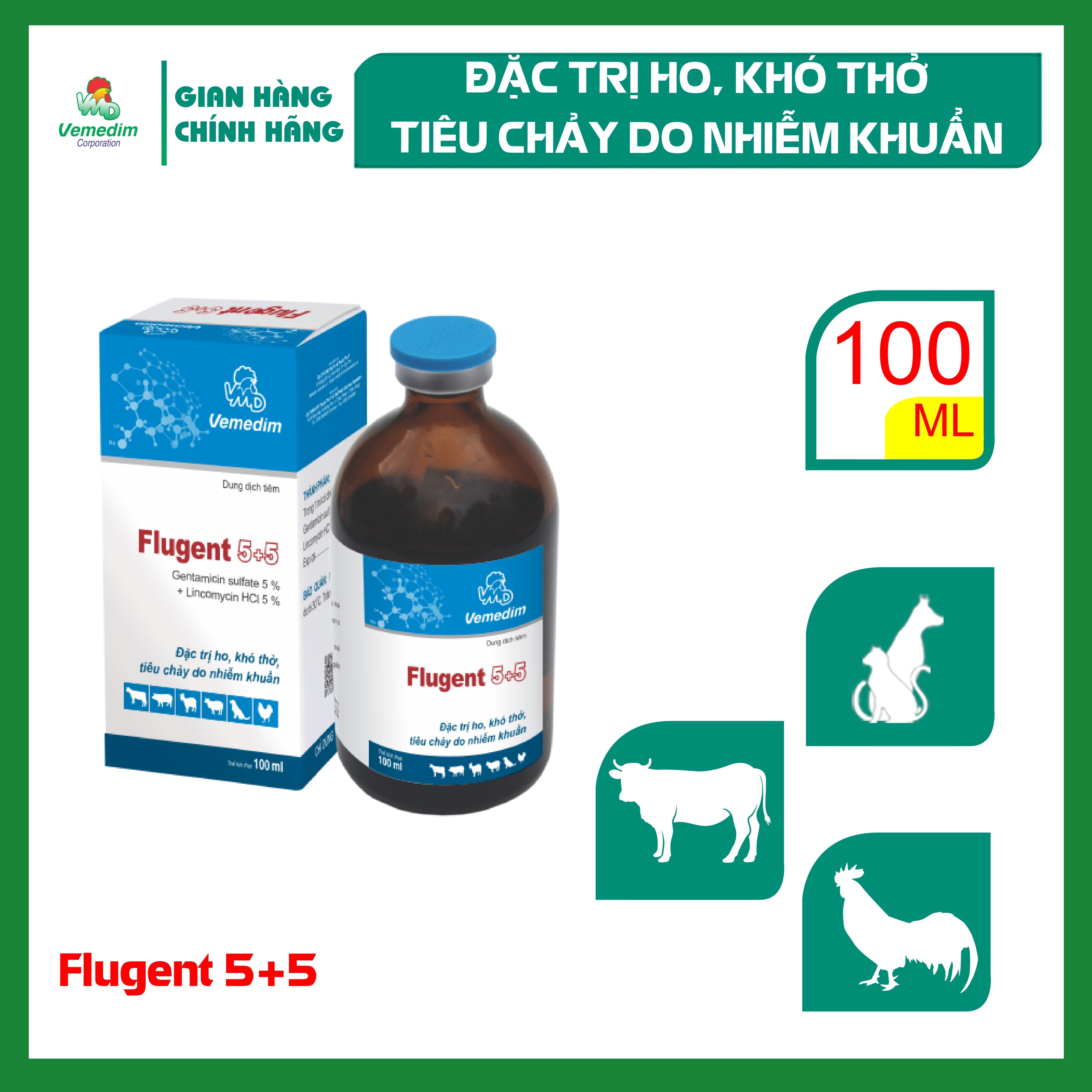 "Hoàn tiền đến 10%" Vemedim FLUGENT 5+5 dung dịch tiêm phòng nhiễm trùng do vi khuẩn đường hô hấp, tiêu hoá gây ra, chai 100ml