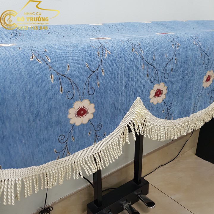 Khăn phủ đàn Piano xanh dương phối hoa
