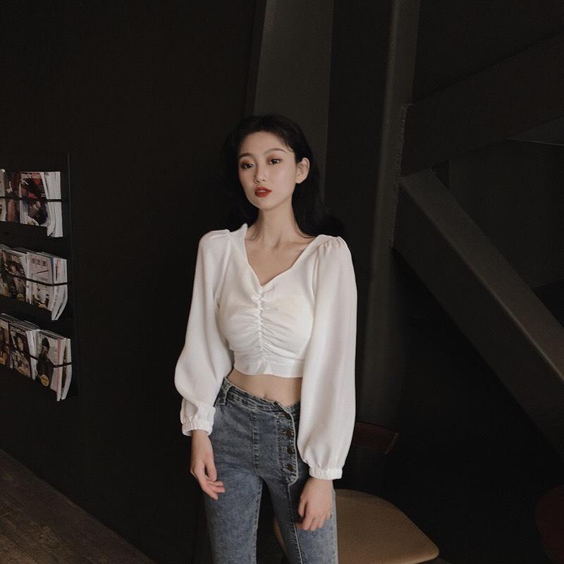 Áo Voan Cổ V Tay Dài Form Croptop Tạo Kiểu Nhún Giữa Ngực Quyến Rũ TTSL0218
