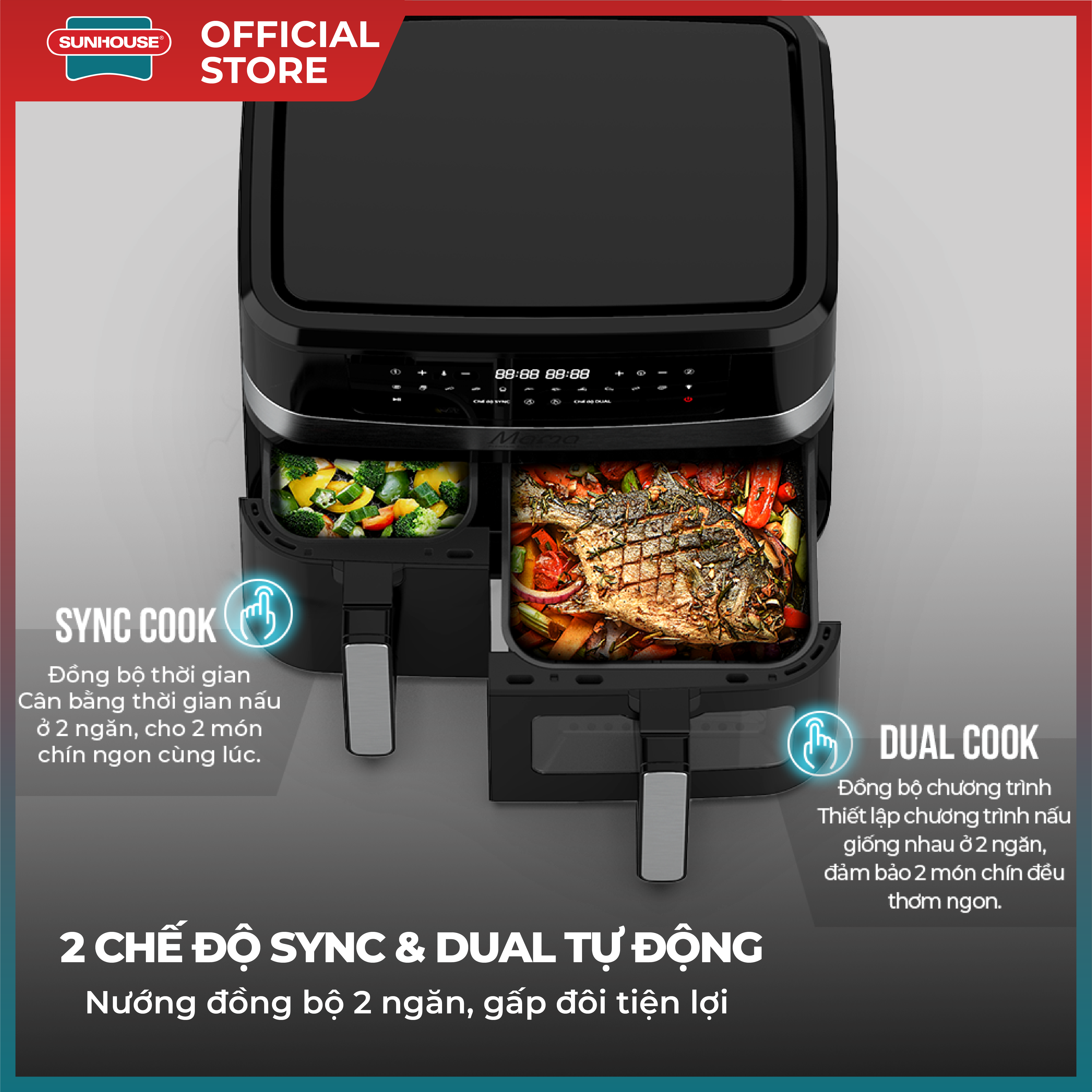Nồi chiên không dầu 2 ngăn 10L Sunhouse Mama SHD4098 - Chế độ riêng - Tiết kiệm thời gian - Công nghệ Rapid Air - Hình ảnh 6