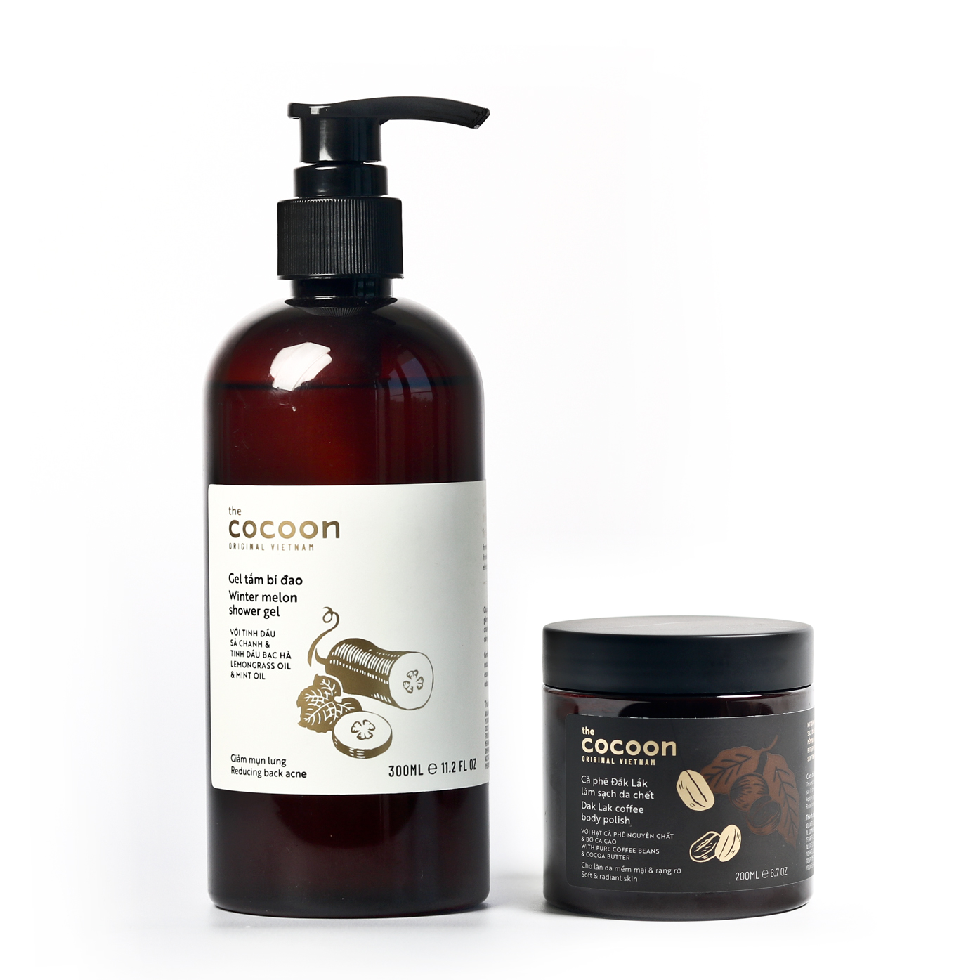 Combo Gel Tắm Bí Đao Cocoon 310ml và Cà Phê Đắk Lắk Làm Sạch Da Chết Cocoon 200ml