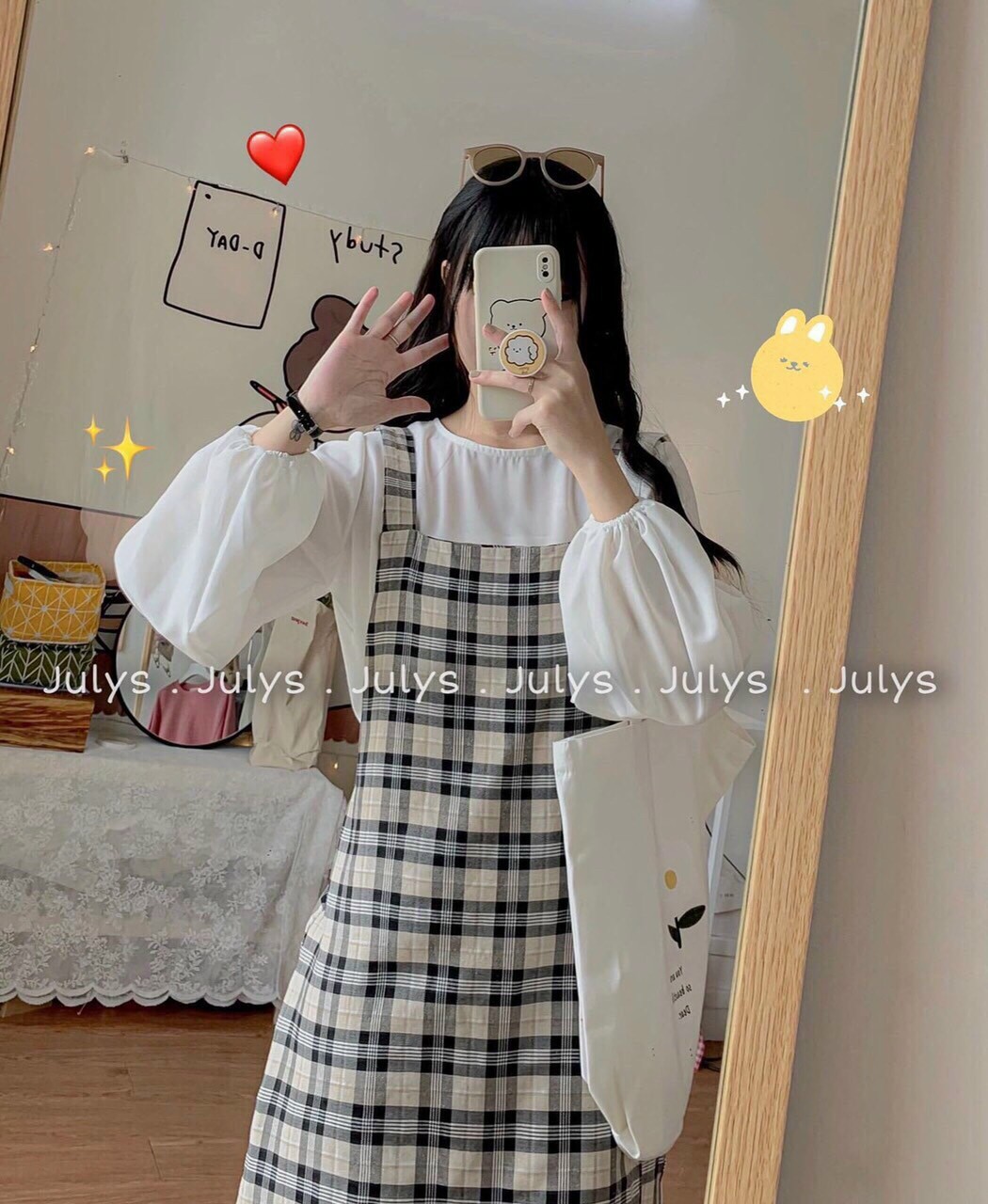 Set đầm caro nữ phối áo thun dài tay ống bo siêu dễ thương