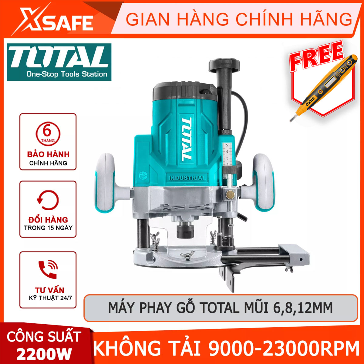 Wood milling machine total TR111226 machine wood portable power: 2200W no-load speed: 9000-23000rpm. Size nose milling: 6,8,12mm creative wavy round flooring, grooving hinge, decorative edge, cutting mortises, cutting groove, hole [xsafe] [XTools]