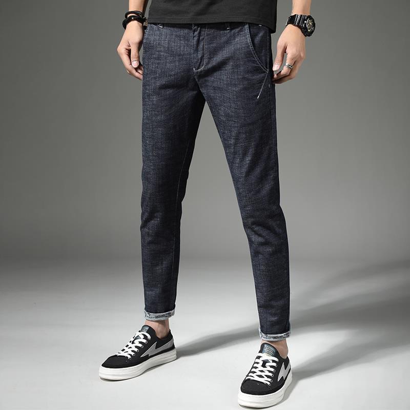Quần jeans xanh đen trơn nam Dài Eo co giãn vải Denim Màu Nhuộm Tối Form Quần Bình thường