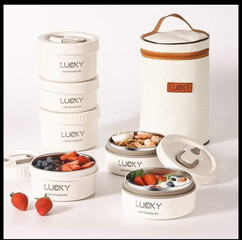 Hộp cơm 2 lớp lucky 3 ngăn kèm túi đựng đa năng,hộp ủ cơm, cặp lồng cơm lúa mạch, hộp giữ nhiệt đồ ăn ruột inox tầng tiện dụng