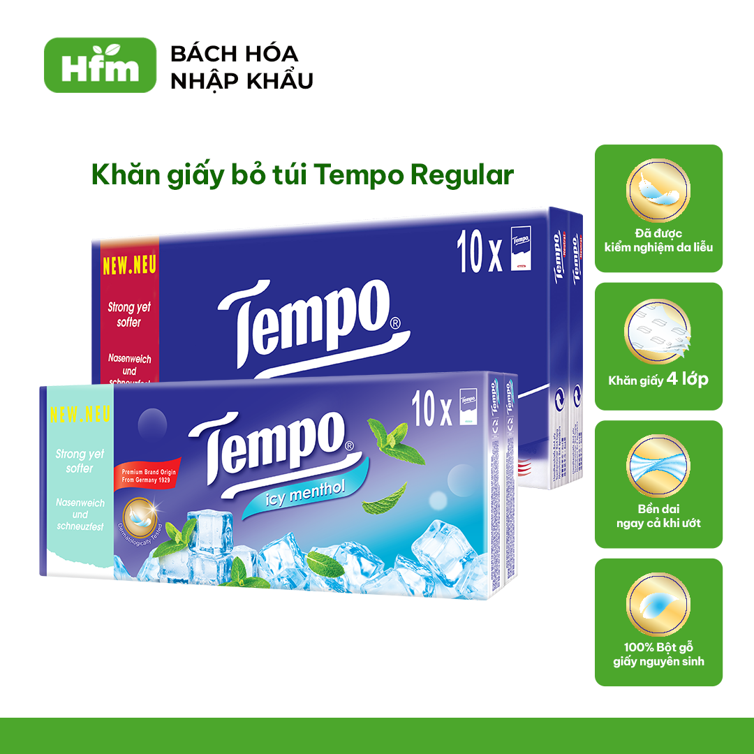 [COMBO 3 LỐC x 10 GÓI] Khăn Giấy Tempo Regular Không Mùi/Bạc Hà (Lốc 10 gói) - Thương Hiệu Đức