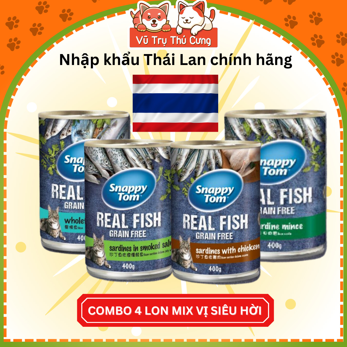 Combo 4 lon Pate Lon Snappy Tom Real Fish cho Mèo 400g với hàm lượng dinh dưỡng cao từ cá trích thật