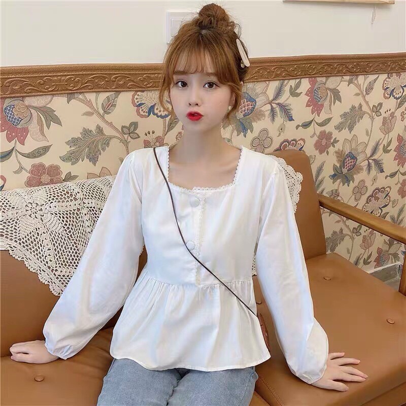 Áo voan cổ vuông ren đính nút tay dài xinh xắn TTSA1030