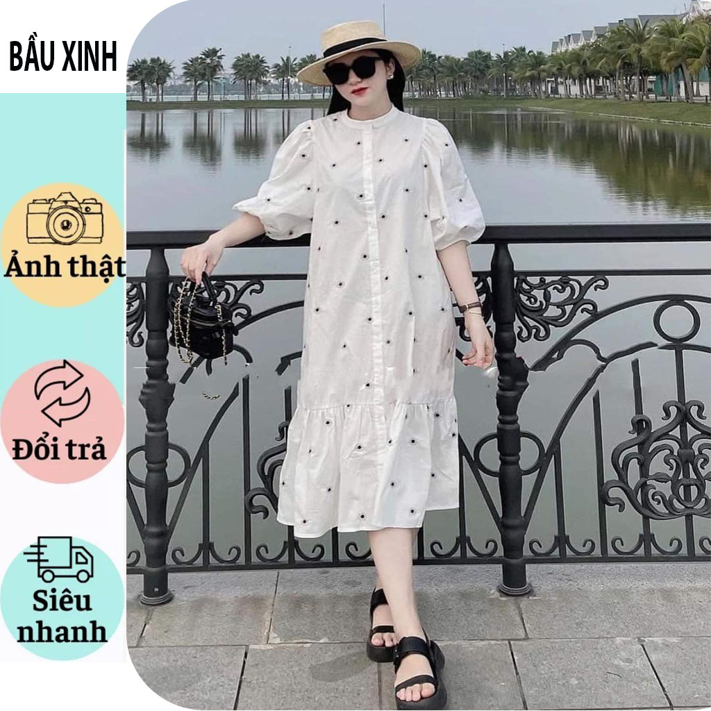 Váy bầu đầm bầu công sở đẹp-đầm bầu dáng dài babydoll hoa cổ tàu mặc đi làm đi chơi, dự tiêc xinh xắn bigsize