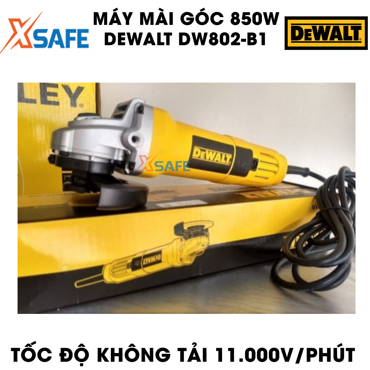 Angle grinder 100mm DeWalt dw802-b1 850W. Angle grinder DeWalt idle speed 11.00/minute, slide switch side camera body and handle for manipulation is fairy, plastic shell high-end-product genuine xsafe