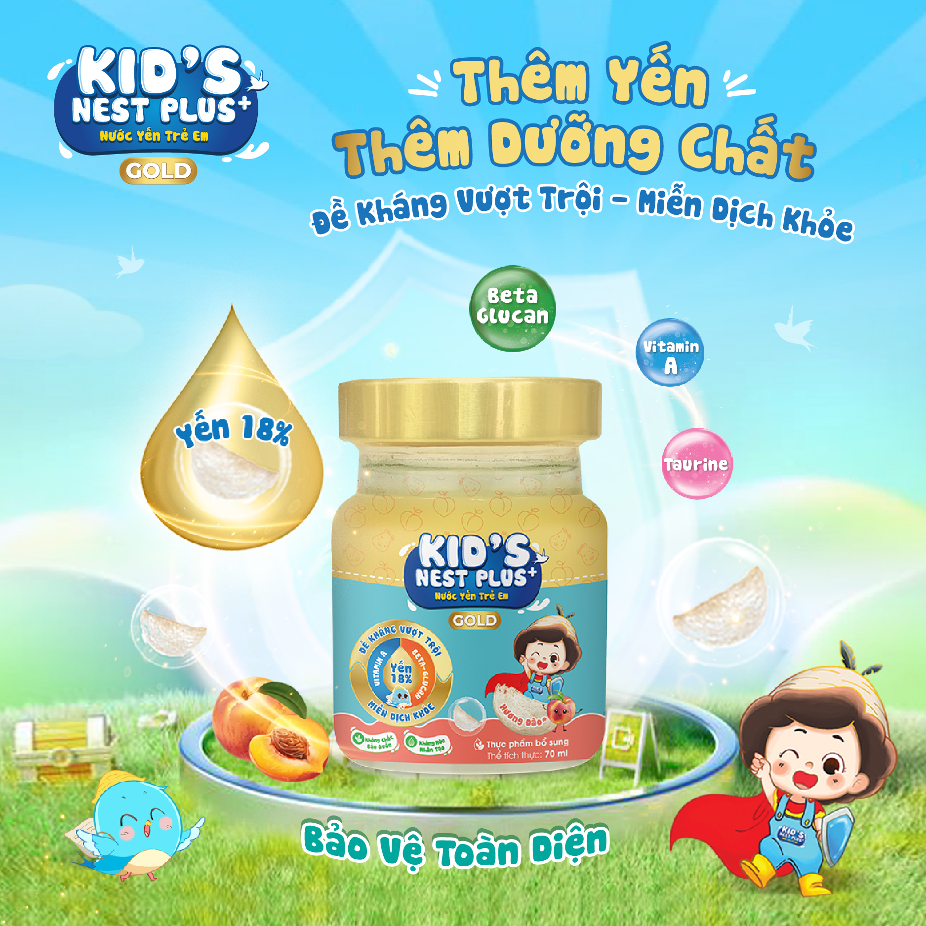 Yến Sào Cho Bé Hộp 6 Hũ Kid's Nest Plus+ GOLD Hỗ Trợ Sức Khỏe Trẻ Ăn Ngon Cao Lớn (6 hũ x 70ml)