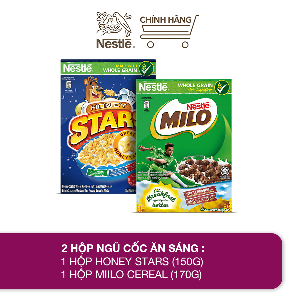 Combo 2 hộp ngũ cốc ăn sáng Nestle: 1 hộp Honey Stars (150g) + 1 hộp Milo cereal (170g)