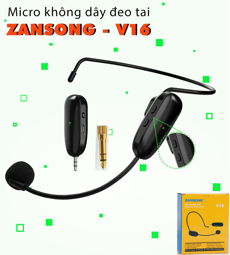 [ SIÊU HOT 2021 ] Micro Trợ Giảng Giá Cực Rẻ, Micro Không Dây Đeo Tai Zansong V16, Chống Hú Tốt, Âm Thanh Trung Thực, Cho Giáo Viên, Livestream, Tương Thích Với Nhiều Điện Thoại, Amply Dàn Karaoke Gia Đình, Loa Kéo, Mixer, Loa Trợ Giảng