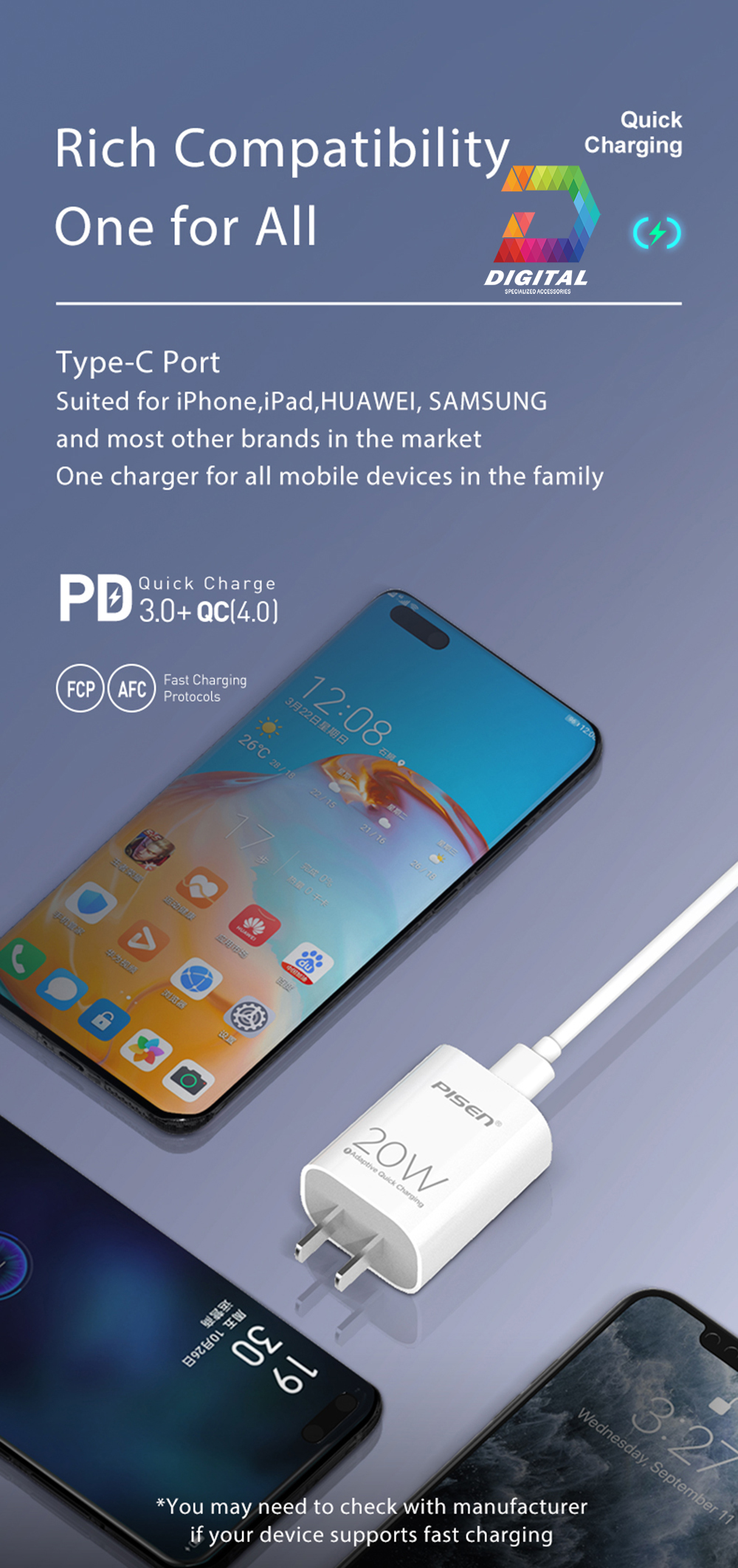 Genuine Pisen PD 20W Fast Charger (PD 3.0, Quick Charge 4.0)