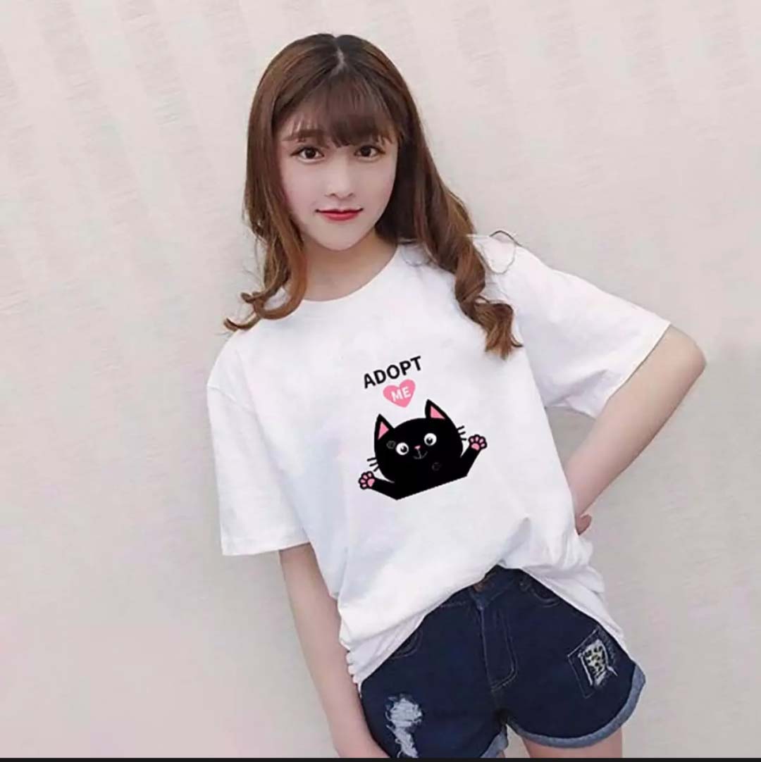 [HCM]Áo thun nữ form rộng Hàn Quốc in hình Mèo Đen ADOPT độc đẹp vải dày mịn mát