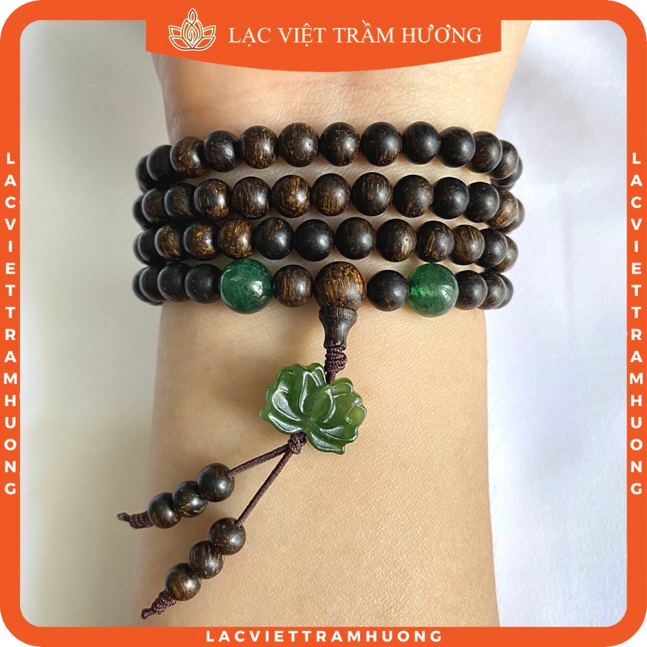 Vòng tay trầm hương 108 hạt 6mm mix đài sen ngọc bích trầm dó dây indo cao cấp tự nhiên lạc việt sang trọng - tinh tế