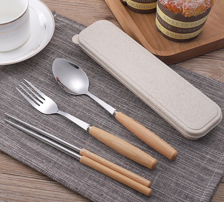 Bộ Đồ Ăn (Đũa + Muỗng + Nỉa) Inox - Bộ Đũa Muỗng Nỉa Cán Gỗ, Hộp Lúa Mạch Hợp Vệ Sinh